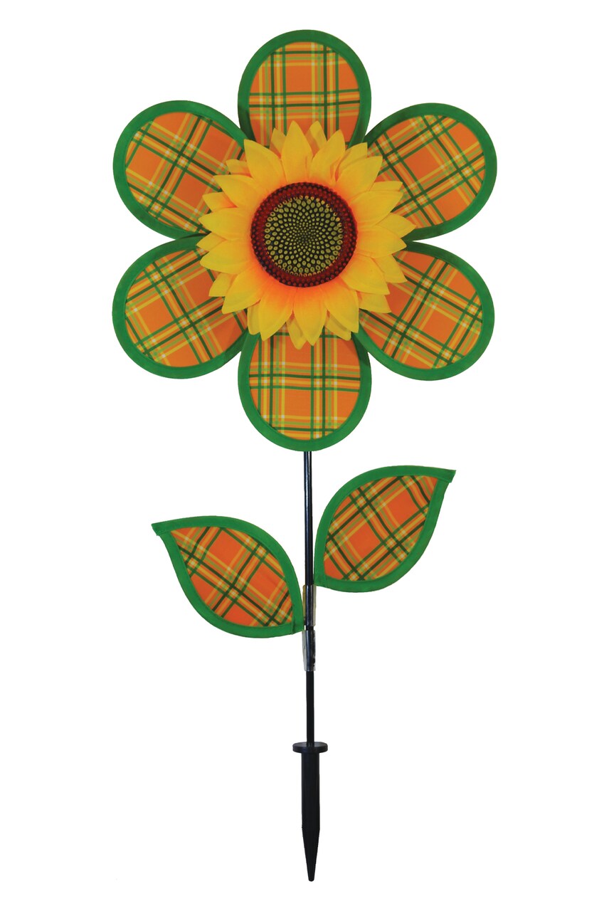 In the Breeze 2659 - 12 Inch Plaid Sunflower Wind Spinner with Leaves - Colorful Flower for your Yard and Garden
